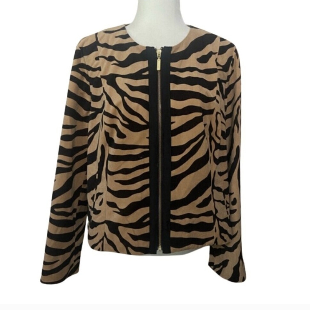 Chico's Tan Black Zebra Print Long Sleeve Zip Front Jacket Size 2 (Large)
